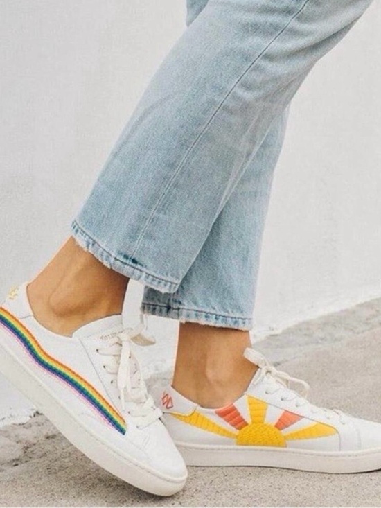 Soludos Shoes - Soludos Ibiza White Leather Low-Top Sneakers with Rainbow Stripe and Sunburst